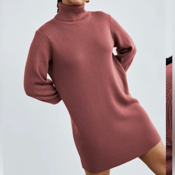 Aritzia Wilfred Ribbed Heathered Oat Sweater Dress w/ Turtle Neck - Picture 2 of 4
